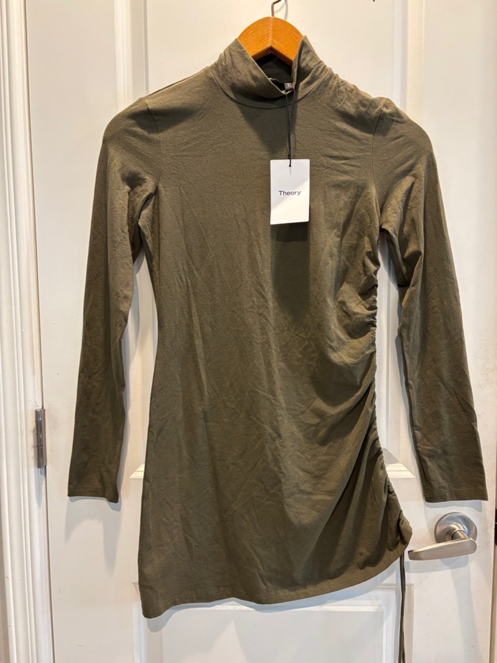 Theory Olive Turtleneck Long-Sleeve Dress with Side Ruching